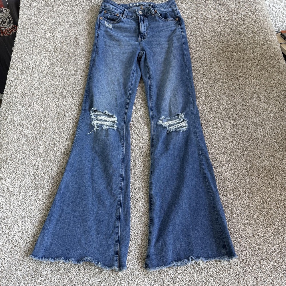 American Eagle Flare Jeans Womens 0 Med Wash Blue Distressed Stretch Denim